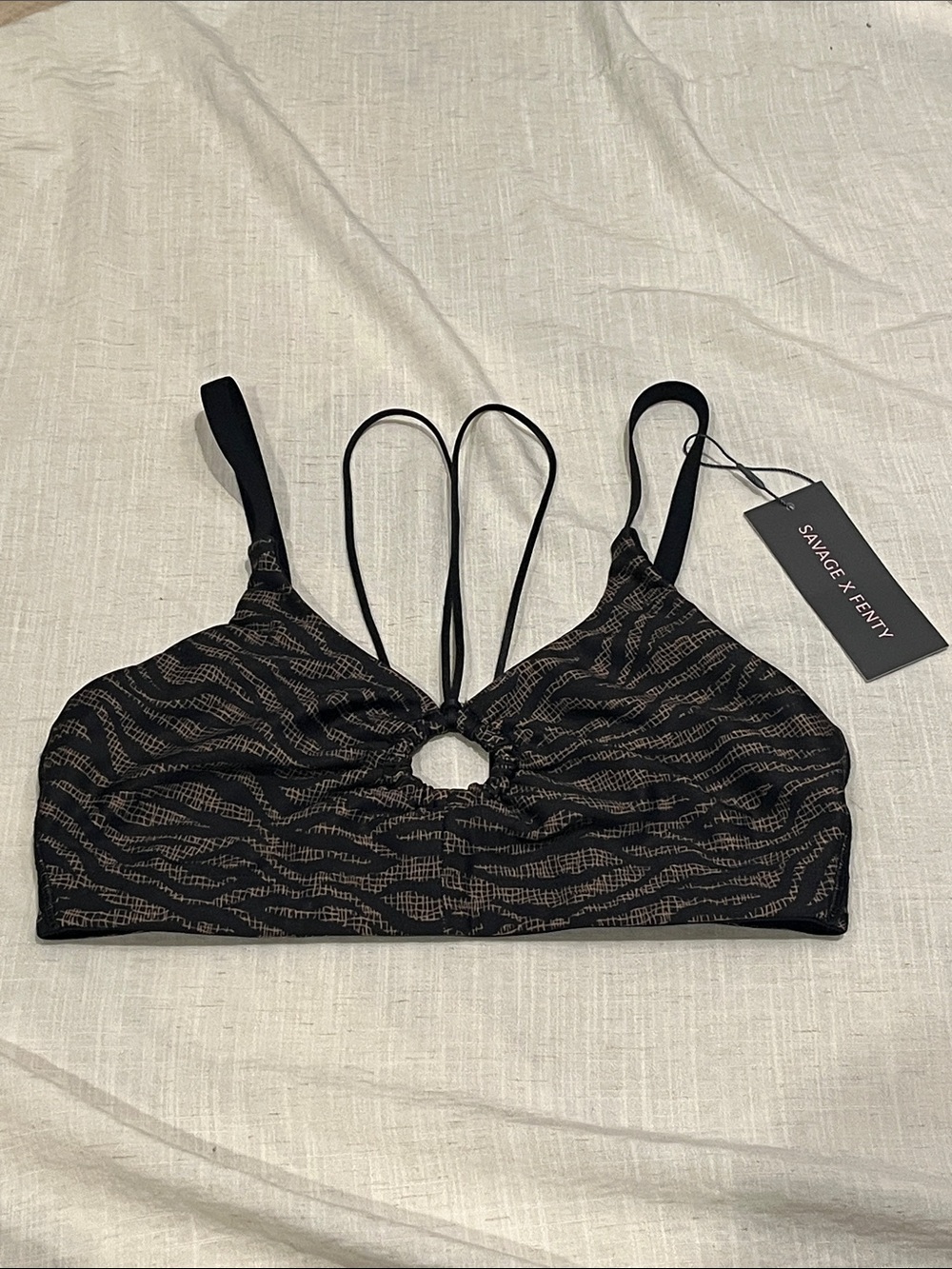 NWT Savage X Fenty Black Bralette with Tan Zebra Print Strappy Keyhole sz medium